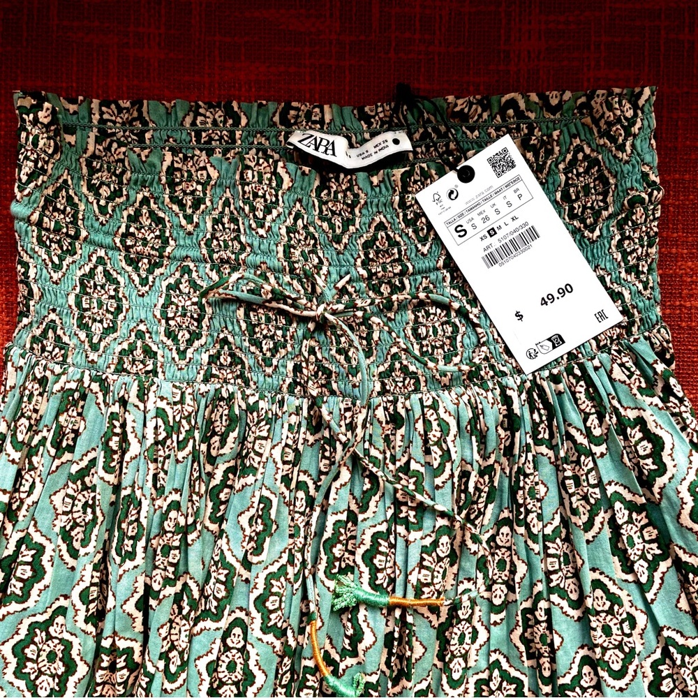 Zara Boho Drawstring Smock Waist Medallion Printed Maxi Skirt In Green S NWT - Picture 15 of 15